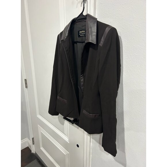 Dana Buchman Leather Trim Open Front Black Blazer Size 4 Petite Modern Edgy - Picture 3 of 11